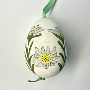 Vintage Hand Painted Real Blown Hollow Egg Floral Ornament Edelweiss Flower